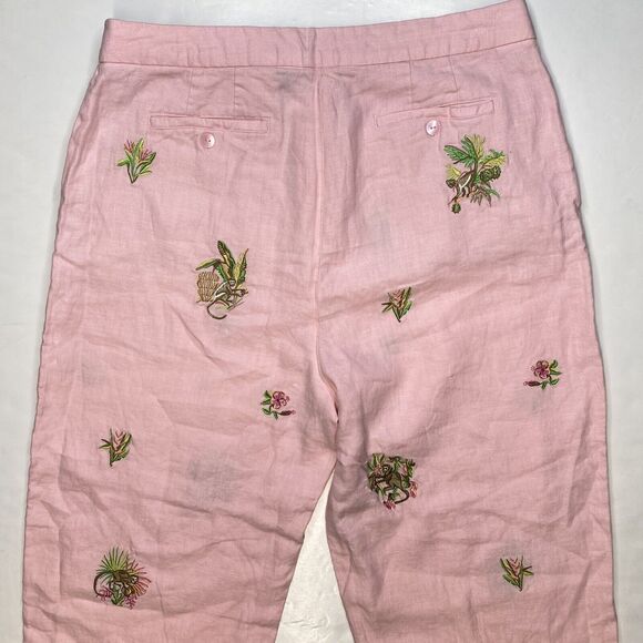 Rosanna Linen Wide Leg Crop Pant 14 (32"Waist) Pink Embroidered Monkeys Tropical - Picture 9 of 12